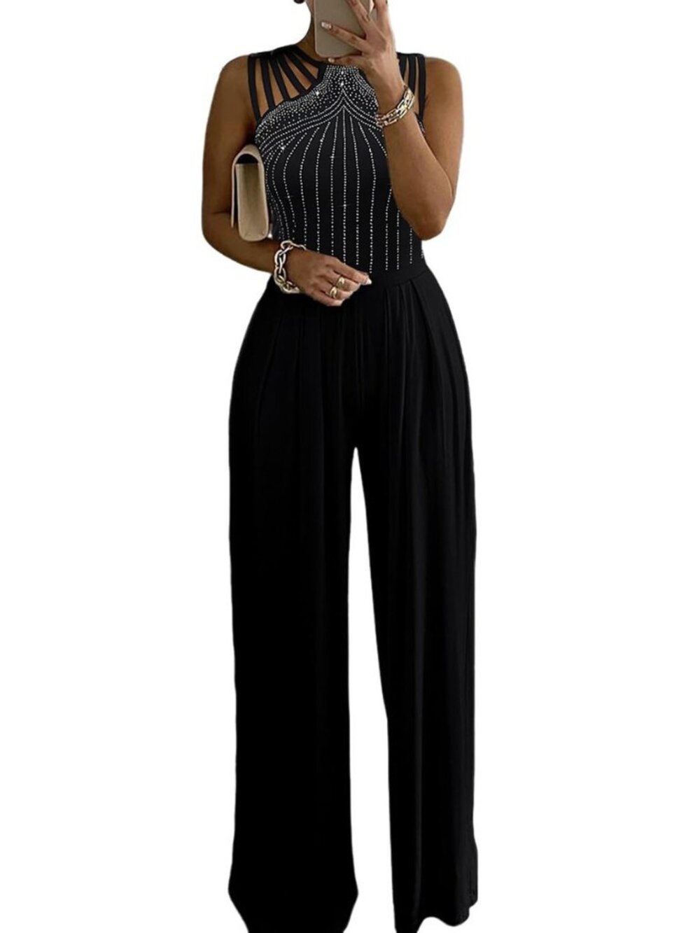 Women's One Piece Jumpsuit Rhinestone Cutout Ruched Wide Leg Jumpsuit Overall